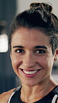 Fitness, face or woman in gym with sweat, pride or progress rest in physical hobby. Smile, portrait and athlete in studio with confidence, sports training break or workout for performance improvement