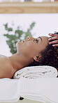 Rest, head massage or woman in spa with relax, stress relief or tranquility in holistic care. Wellness, calm or masseuse in center with scalp rub, comfort or tension removal in healing treatment.