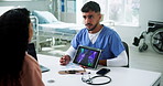 Tablet screen, xray and doctor with woman in hospital for consultation with diagnosis advice. Digital technology, medical checkup and healthcare worker with female patient for bone scan in clinic.