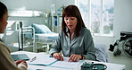 Medical, consultation or women in hospital with paper, diagnosis discussion or support for treatment. Healthcare, doctor or patient in clinic with document, test results or guidance in client checkup