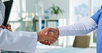 Handshake, partnership and doctors with woman in hospital for medical checkup together. Discussion, shaking hands and professional healthcare employees with welcome, thank you or support in clinic.