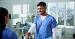 Handshake, greeting and nurses in hospital for medical planning together with conversation. Discussion, shaking hands and healthcare employees for welcome, thank you or support together in clinic.
