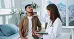Tablet, doctor and throat with man in hospital for Hashimoto diagnosis, advice or thyroid checkup. Medical evaluation, digital report and endocrinologist assessment with people for symptoms history