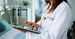 Hands, doctor and woman with tablet for medical research, typing email or check schedule. Worker, technology and person in hospital for telehealth update, insurance info or scroll with healthcare app