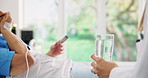 Water, patient and doctor in hospital, tablets and recovery with help, medicine and appointment. Old woman, medical service and professional in clinic, liquid and aqua with healthcare, cure and pills