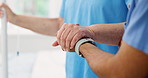 Holding hands, recovery and nurse with senior woman in hospital for medical help with walking. Checkup, support and healthcare worker with elderly female patient for mobility exercise in clinic.