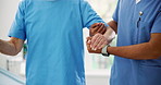 Holding hands, service and nurse with senior woman in hospital for medical help in recovery. Checkup, support and healthcare worker with elderly female patient for mobility exercise in clinic.