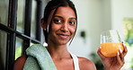 Home, face and woman with juice fitness and protein shake with nutrition, wellness and smile. Apartment, smoothie and person with healthy drink, detox and workout with supplements and vitamins