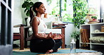 Woman, meditation and yoga for fitness in home with mindfulness, spiritual healing and zen. Female person, lotus pose and yogi with holistic balance, inner peace and mental health for self care goals