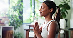 Woman, namaste and meditation for yoga at house with mindfulness, spiritual healing and zen. Female person, prayer hands and yogi with holistic balance, inner peace and technique for self care goals