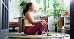 Breathing, lotus pose and woman in house in morning for relax, calm or yoga exercise for balance. Wellness, healing and person with chakra alignment for spiritual meditation in living room at home.