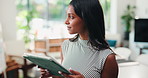 Scroll, ideas and woman with tablet, office and performance review on website and digital marketing. Browsing, app and Indian person with tech for ad campaign, brand manager or reflection for project