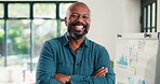 Face, entrepreneur or happy man with arms crossed in startup, confident or opportunity for business growth. Portrait, laugh or black person with pride for company development, mature manager or smile