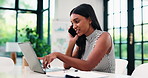 Woman, laptop and discussion in office with phone call for marketing performance, data analysis or plan. Female person, talk and pointing with computer for contact, advertising analytics or research.