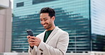 Happy, man and employee with smartphone, city and communication for real estate update and chatting. Outdoor, realtor and person with mobile for chat, typing and networking with contact for schedule