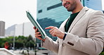 Hands, businessman and scroll on tablet in city for market analysis, digital sale agreement or offer. Happy, real estate agent and tech outdoor for property listing, location viewing or online permit