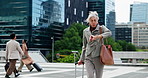 Running, watch and business woman in city in rush for morning commute, travel and trip to work. Time management, stress and mature person in hurry, fast and late for deadline, appointment or meeting