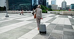 Running, employee and woman with suitcase, city and rushing for departure, delay and business travel. Check, time and person with luggage for international trip, back and late for flight or hurry