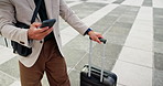 Businessman, walking and hands typing with phone or suitcase in city for travel or commute. Man, employee or traveler with mobile smartphone for social media, texting app or chat in an urban town