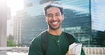 Happy man, face and student with books in city for education, learning journey or travel. Portrait, male person or academic learner with textbooks for scholarship, studying or growth in an urban town