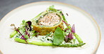 Food, order and fine dining on plate for cooking, luxury or fancy restaurant. Gourmet wellington, healthy vegetables or display of dinner with meat in culinary school, catering service or hospitality