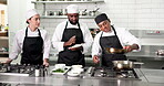 Cooking, mentor or group in restaurant with training, culinary knowledge or instruction in meal preparation. Hospitality, people or chef with lesson, cuisine process or dish guidance in kitchen