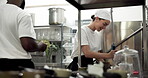 Washing dishes, smile and restaurant with woman in kitchen for cleaning, sanitary and hospitality. Scullery worker, hygiene and bacteria protection with person in cafe for food safety policy and help