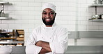 Face, chef and happy black man in kitchen for gastronomy, laughing and confident in restaurant. Portrait, smile and culinary artist, catering or funny person with arms crossed in small business