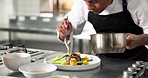 Hands, person and sauce with food in restaurant kitchen for meal preparation with plating technique. Chef, culinary and presentation with cuisine, garnish flavor and dish aesthetic for luxury dinner
