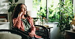 Thinking, smile and mature woman in home, remember happy memory and morning daydream for amusement. Funny internal thoughts, reflection and person relax on chair for ideas, perspective and nostalgia