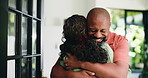 Love, mature couple and hug for reunion, support and talk to interracial partner for trust in home. Embrace, happy man and woman in house for welcome back, greeting or connection for marriage by door