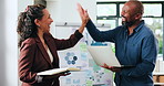 People, high five and tech with whiteboard in office for good news, finance report and success. Mature staff, teamwork and presentation for financial achievement, celebration and funding announcement