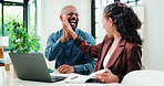 Laptop, meeting and high five with business people in office for feedback, team and branding approval. Advertising success, teaching and project target with employees in agency for online campaign
