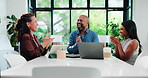 Happy, people and applause in office with laptop for marketing success, achievement or milestone. Creative team, clap or celebration with computer for advertising goal, accomplishment and discussion.