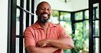 Happy, crossed arms and face of black man in home with confidence for break, holiday or weekend. Smile, relax and portrait of mature African person with pride for vacation or getaway at apartment.