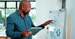 Man, tablet or reading in office with whiteboard for data analysis, finance info or business management. Mature black person, graphs or typing with tech, analytics report or annual financial results.