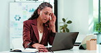 Woman, headache or fatigue in office with laptop for data analysis mistake, financial crisis or issue. Tired, mature person or computer with migraine, analytics report error or finance stats problem.