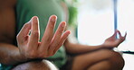 Fitness, hands and meditation with man in home studio for balance, inner peace or mindfulness. Exercise, mudra and yoga with person in apartment for holistic health, lotus pose or wellness routine