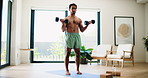 Home, dumbbells and man exercise for fitness, muscle growth and bicep development. Wellness, weightlifting and shirtless person with workout for strength training, bodybuilder and health in house