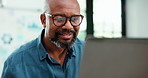 Reading, smile or black man with laptop in startup, research market economy or review investment trend. Find profit opportunity, check risk factors or mature analyst with pc to report, office or plan