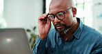 Black man, glasses and laptop with headache in office for stress, finance mistake and work pressure. Mature person, pc and migraine from financial bankruptcy, investment disaster and employee burnout