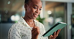 Black woman, tablet and review in office for digital article, online and creative journalism. Female person, column planning and news website for spelling, publishing and editor proofreading on tech