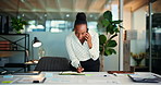 Phone call, writing and planning with business black woman in office for schedule reminder, project and idea. Appointment, communication and advisor with person in agency for feedback in evening