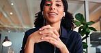 Video call, explaining or woman in office with earphones, marketing pitch or feedback for client. POV, proposal or consultant in agency with tech, online meeting or campaign update for stakeholder