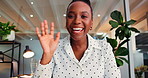 Video call, face or woman in office with wave, networking or friendly hello in client chat. POV, introduction or consultant in agency with gesture, online meeting or report update for stakeholder