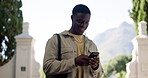 Happy, student and man with smartphone, outdoor and communication with contact on website or texting. Typing, message and black person with mobile on campus, smile and chat on social media at college