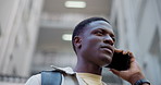 Phone call, student and black man in city, below and app with scholarship, university and schedule. Outdoor, contact or African person in street, college or communication with cellphone or connection
