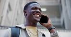 Phone call, student and funny with black man, below or smile with scholarship, university or outdoor. Happy, communication or African person in city, college or cellphone with app, talking or contact