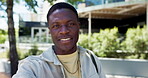 Phone, streaming and face of black man in city for communication, social media vlog and contact. Networking, college scholarship and influencer pov with person outdoor for university feedback