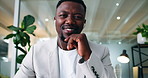Face, earphones and black man in webinar for business, insurance video call or idea. Portrait, virtual meeting or POV of happy broker in online conference for policy update, think or listen in office